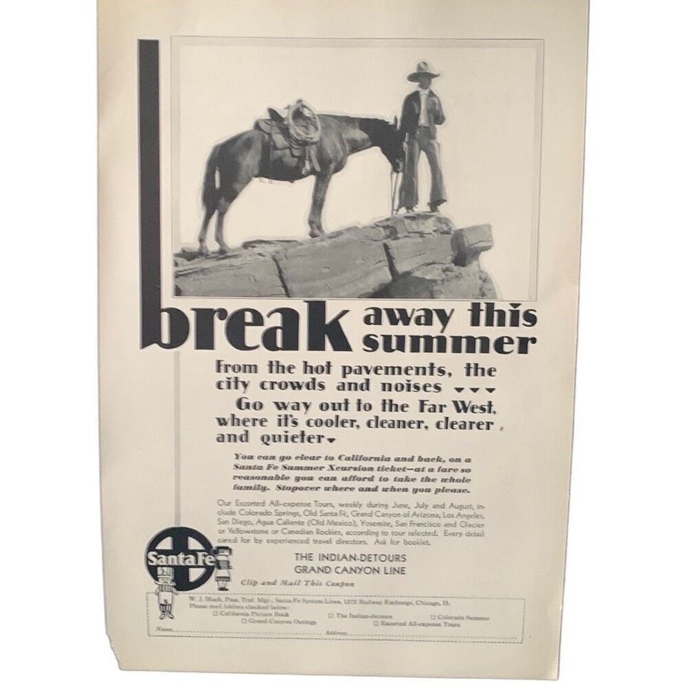 Vintage 1930 Santa Fe Break Away This Summer Ad Advertisement